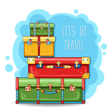 Travel illustration with stack of suitcases on blue background