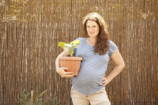 Portrait of smiling pregnant woman holding seedling in flowerpot