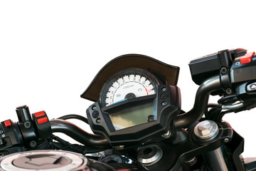 Motorcycle speedometer on white background.