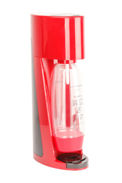 Soda sifon or Seltzer bottle. Red and black plastic.  Side view. Isolated on white background.