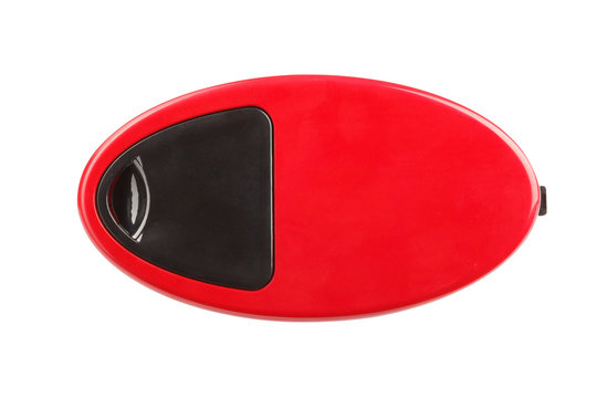 Soda sifon or Seltzer bottle. Red and black plastic.  Top view. Isolated on white background.