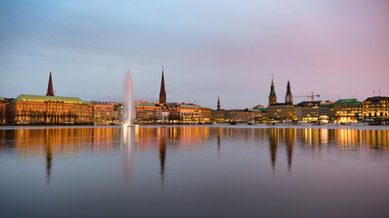 Binnenalster in Hamburg, Germany in the evening
