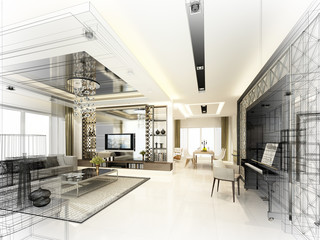 sketch design of living ,3dwire frame render