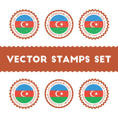 I Love Azerbaijan vector stamps set. Retro patriotic country flag badges. National flags vintage round signs.