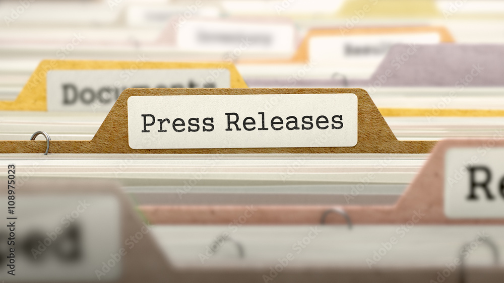Aufkleber press releases on business folder in multicolor card index. closeup view. blurred image. 3d render.