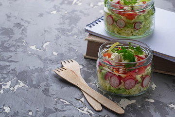 Salad with cabbage, radish and feta in jar