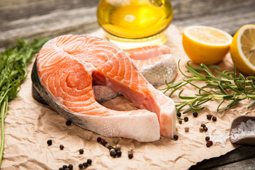 Fresh salmon on old wood