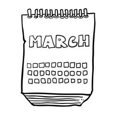 black and white freehand drawn cartoon calendar showing month of