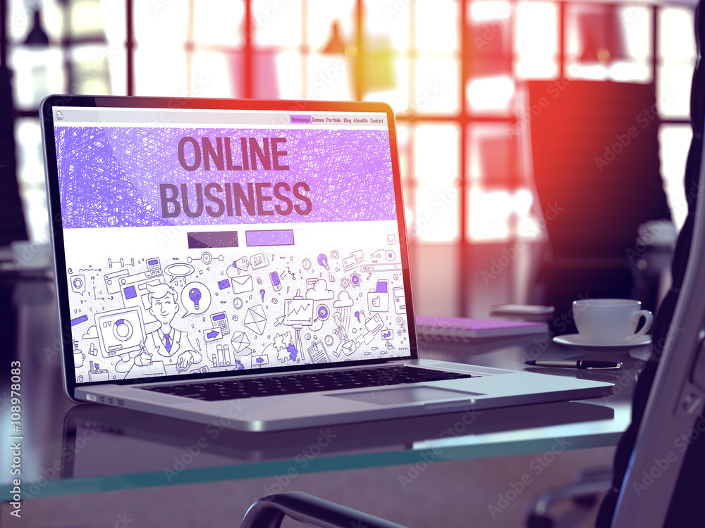 Poster modern workplace with laptop showing landing page in doodle design style with text online business. 
