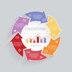 Pie chart with arrows, six options of process