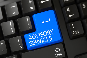 Concepts of Advisory Services, with a Advisory Services on Blue Enter Key on Modernized Keyboard. Advisory Services Close Up of Modernized Keyboard on a Modern Laptop. 3D.