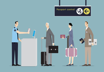 Air Travelers Queue at Border Passport Control. - obrazy, fototapety, plakaty