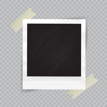 Old empty realistic photo frame with transparent shadow on checkered background. Border to family album. Vector illustration for your design and business.