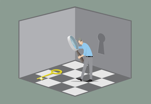 Escape Room Game Concept. Man With Magnifying Glass Searching Key That Opens The Door.