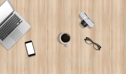 Office top view hero image for mock up presentation on wooden background with smart devices