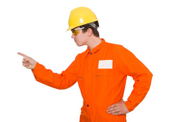 Man in orange coveralls isolated on white