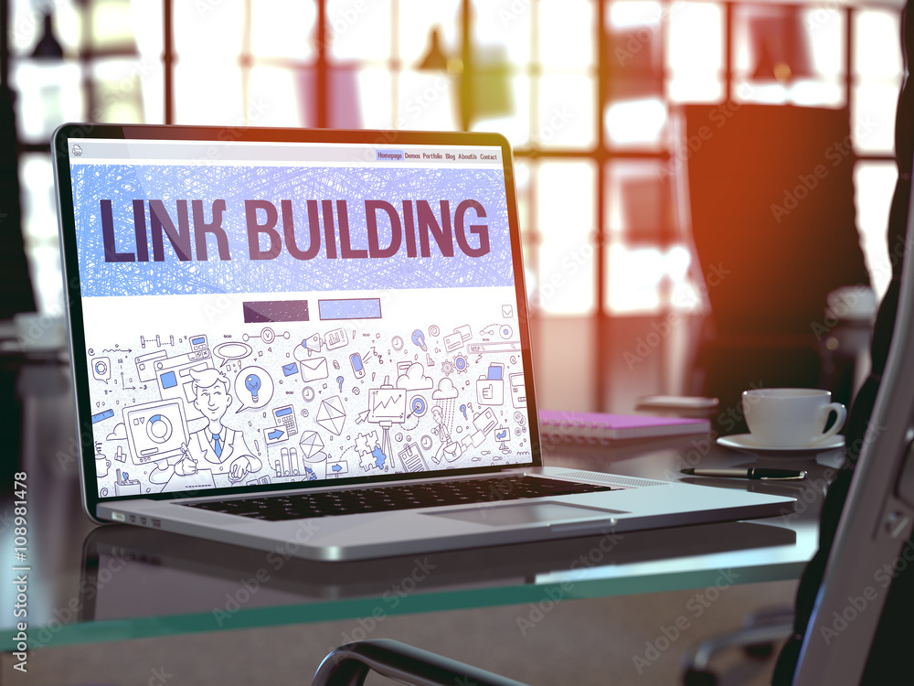 Poster link building - closeup landing page in doodle design style on laptop screen. on background of comfo