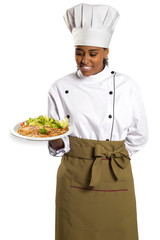 Female Chef With Tray Of Food In Hand..