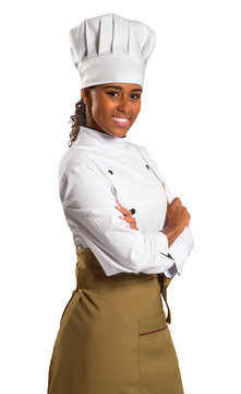 half length portrait of african american female chef.