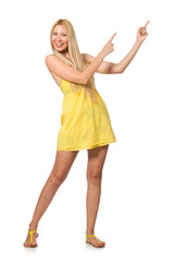 Caucasian fair model in yellow summer dress isolated on white