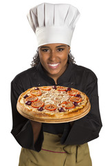 Chef woman giving pizza.