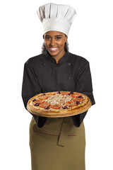 Chef woman giving pizza.