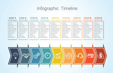 Timeline Infographic colored horizontal arrows numbered for nine position