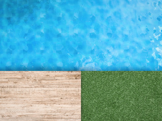 pool side with green grass and wooden floor