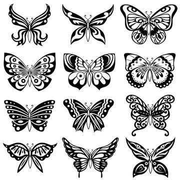 Set of twelve black butterflies