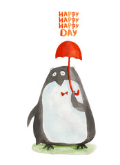 Penguin with umbrella. Happy day. Watercolor illustration
