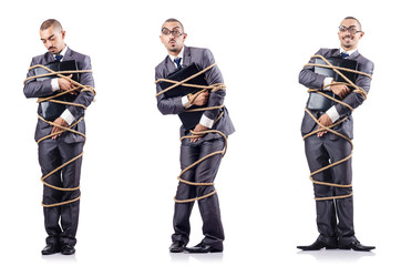Man tied up isolated on white