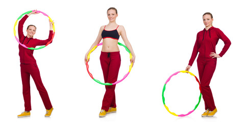 Woman doing exercises with hula hoop