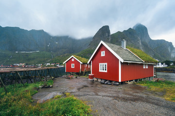 Amazing view of Reine - fishing village with red houses near fjord and green mountains. Beauty of Hamnoya, Lofoten islands, Norway