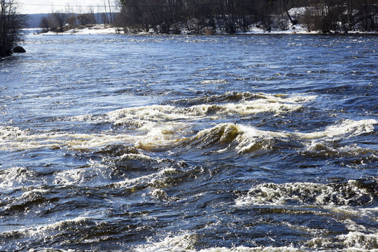River in Russia in the winter landscape. Forest river with a strong current in the Leningrad region.