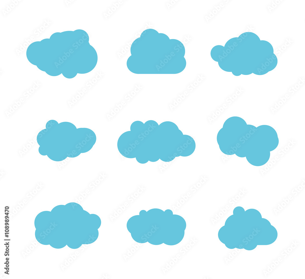 Poster set of blue sky, clouds. cloud icon, cloud shape. set of different clouds. collection of cloud icon,