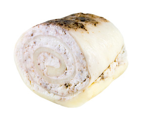 Roll of Sulguni cheese with ricotta and walnuts isolated on a white background