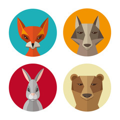 Forest animals rabbit, fox, wolf, bear flat design vector icon 
