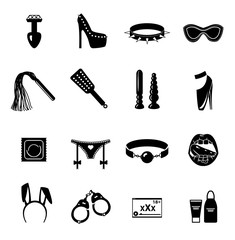 Flat monohrome Sex shop icon set, sex toys, bdsm, vector - obrazy, fototapety, plakaty