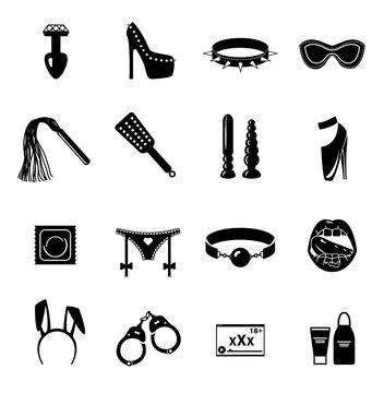 Flat Monohrome Sex Shop Icon Set, Sex Toys, Bdsm, Vector