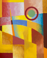 Panele Szklane  Malarstwo abstrakcyjne sugerujące architekturę  ciepłe kolory.