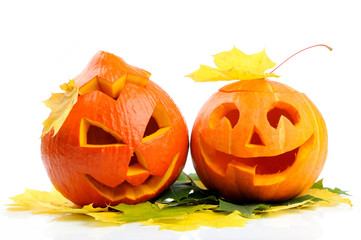 Two orange halloween pumpkins Jack O Lanterns