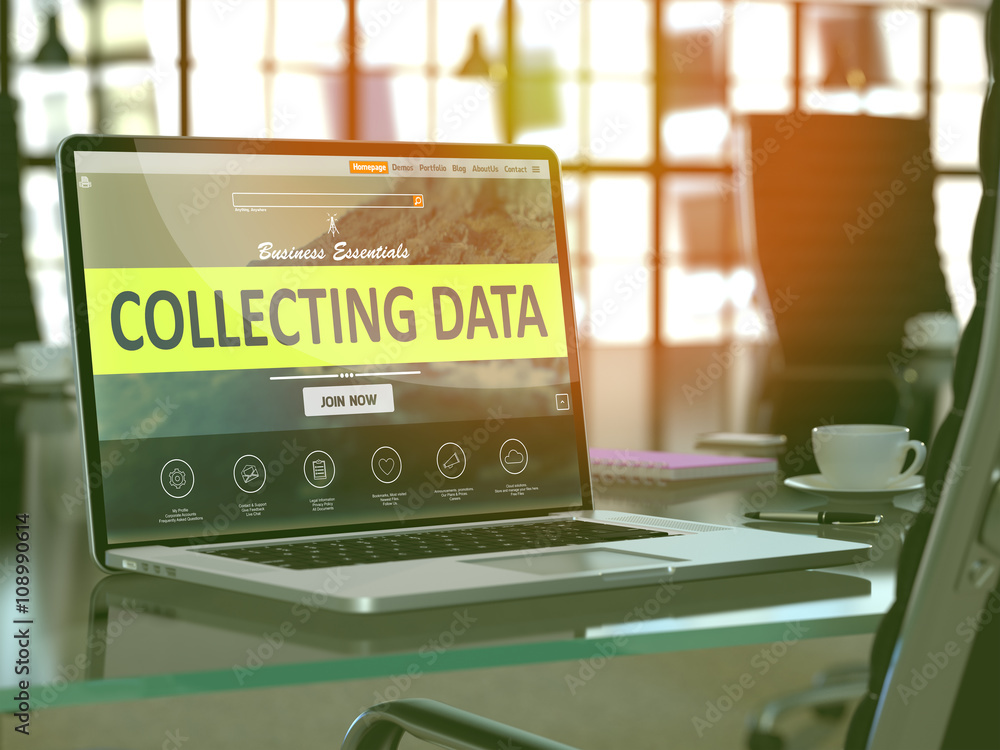 Poster collecting data concept closeup on laptop screen in modern office workplace. toned image with select