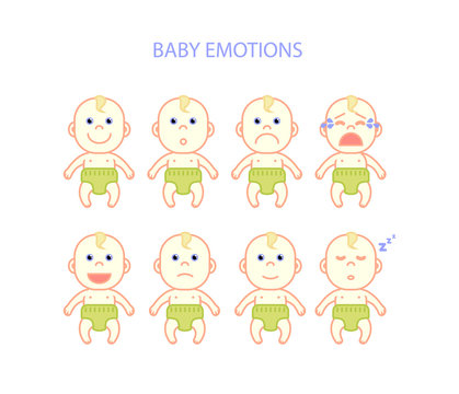 Newborn babies emotions set, flat