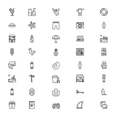 Summer and surfing items icons - surfboard , wakesurfing , surfskeyt , longboard. Thin lines icon style. It can be used as logo, pictogram, icon, infographic element. Vector Illustration.