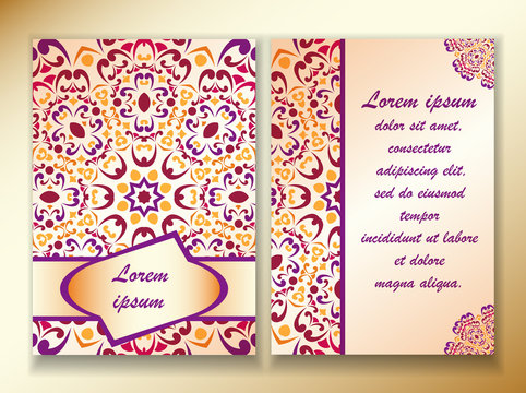 Flyer with a colorful design of mandala in Indian style, red, violet and purple. Template size A4, A5. Ready to Print. Front page and back page.