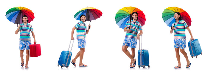 Traveler with red case  and umbrella isolated on white