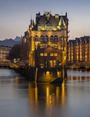 The old Speicherstadt in Hamburg, Germany, at evening.