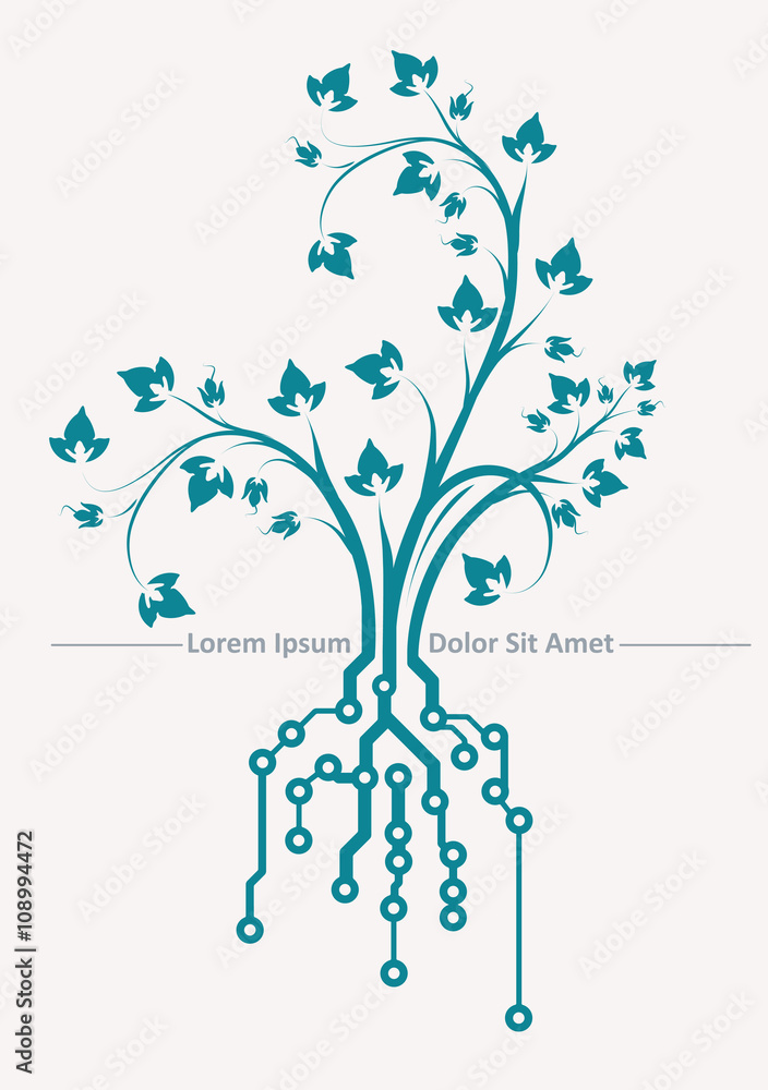 Aufkleber conceptual design with floral branch and root in pcb-layout styl
