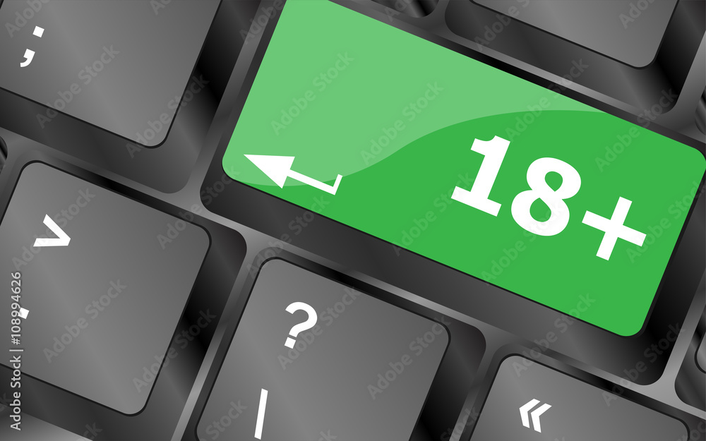 Poster 18 plus button on computer keyboard keys. keyboard keys icon button vector