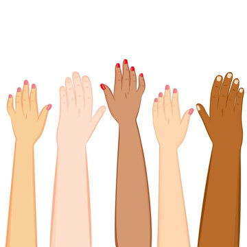 Illustration of diversity hands of different skin tones raised up